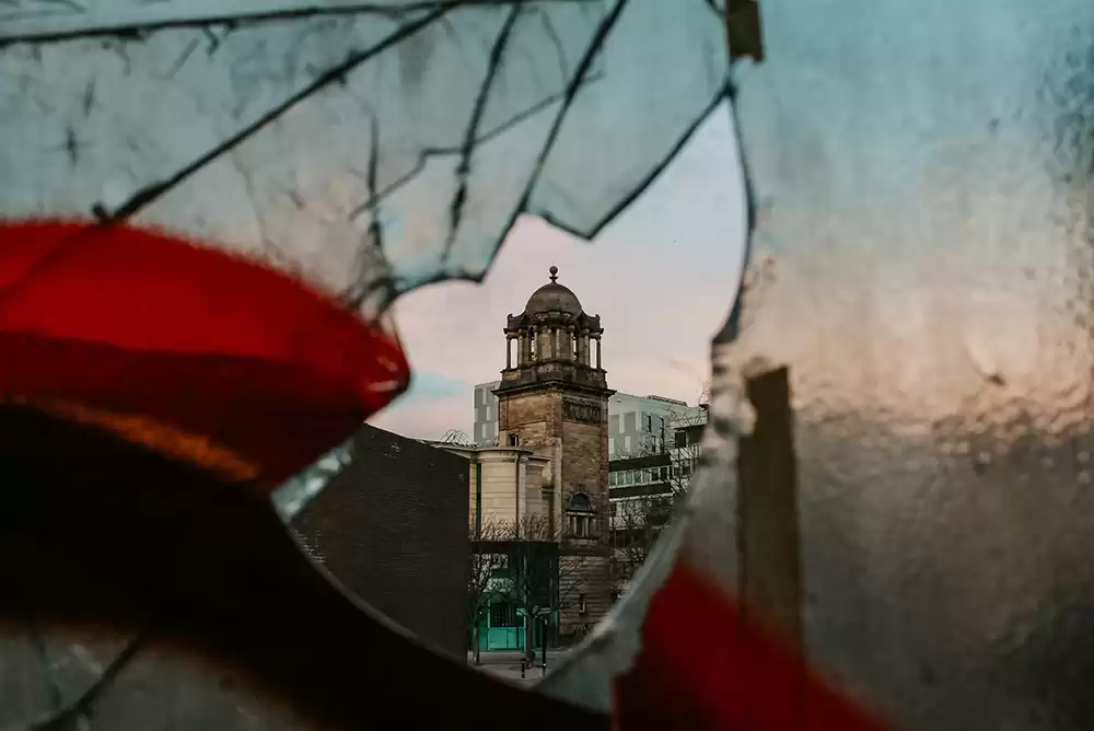 Broken glass in a concrete building